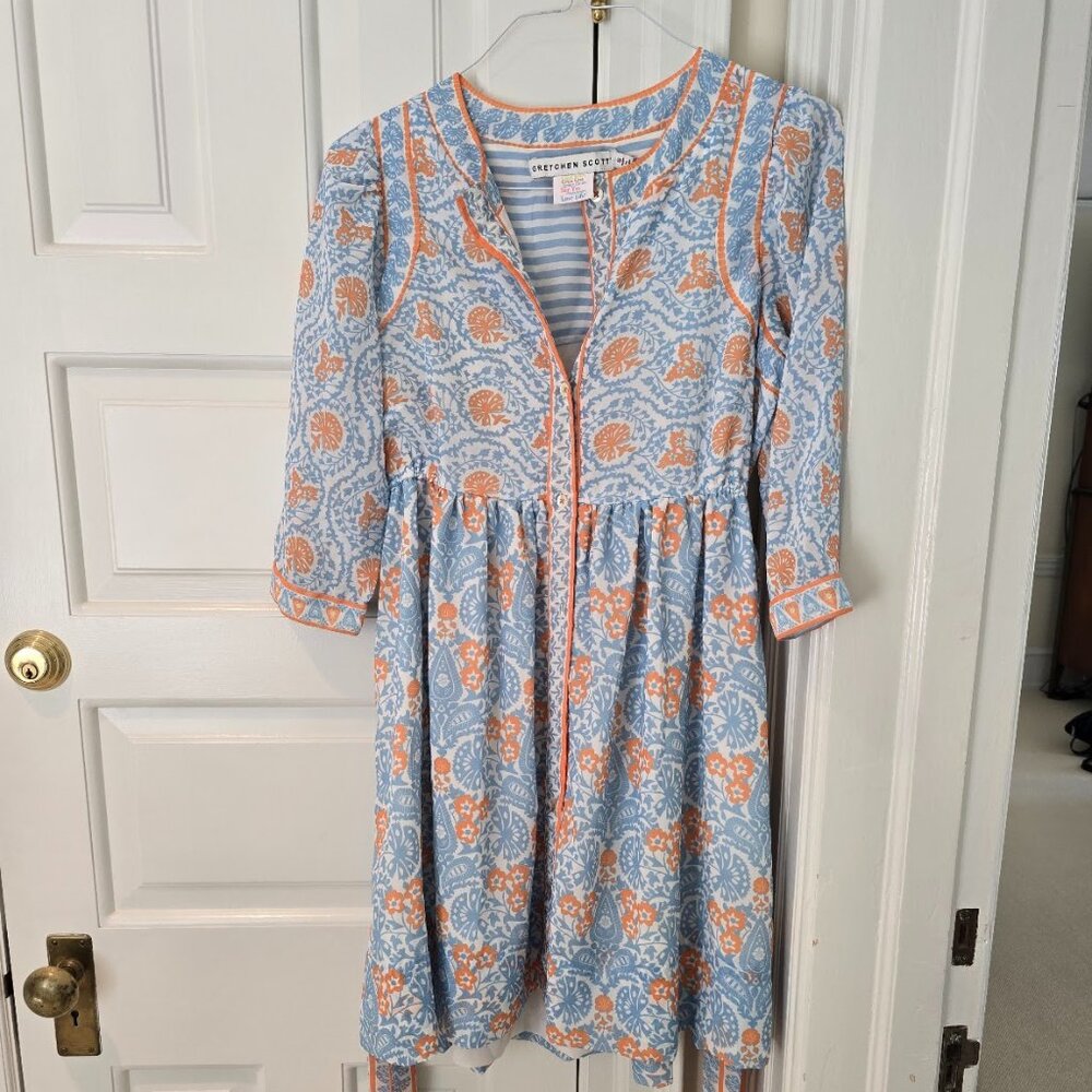 Gretchen Scott Designs Orange and Blue Wrap with Puff Sleeves